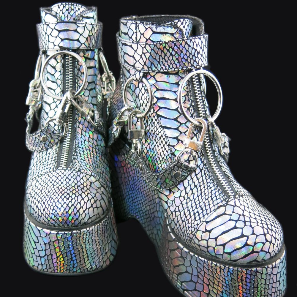 Club Exx Rainbow Holographic Snake Bondage Platform Boots